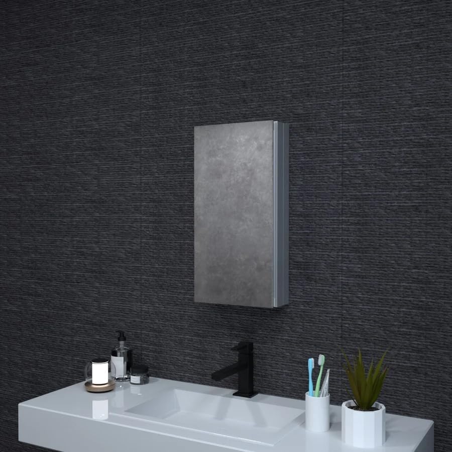 WELLFOR 12 x 24 Inches Bathroom Mirror Medicine Cabinet, Silver Aluminum Frame, Surface or Recessed Mount, Built-in 2-Tier Glass Shelf, Bathroom Mirror with Storage, Left/Right-Hand Opening, Black