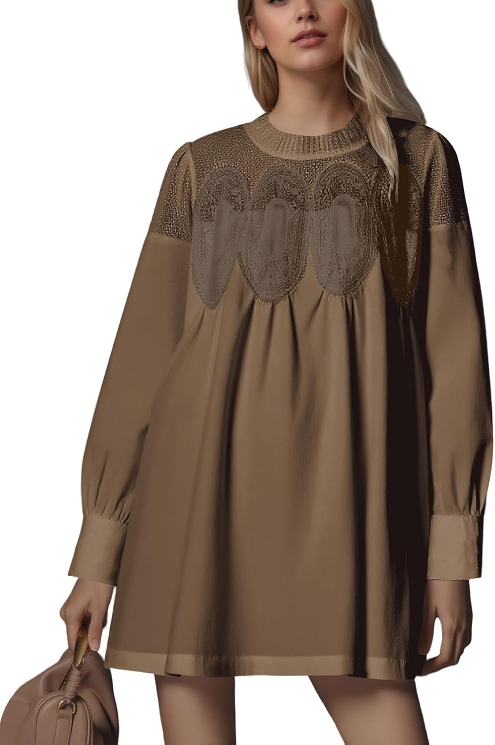 MISSACTIVER Floral Crochet Mini Dress for Women Sheer Lace Mesh Crew Neck Long Sleeve Pleated A Line Shirt Dresses