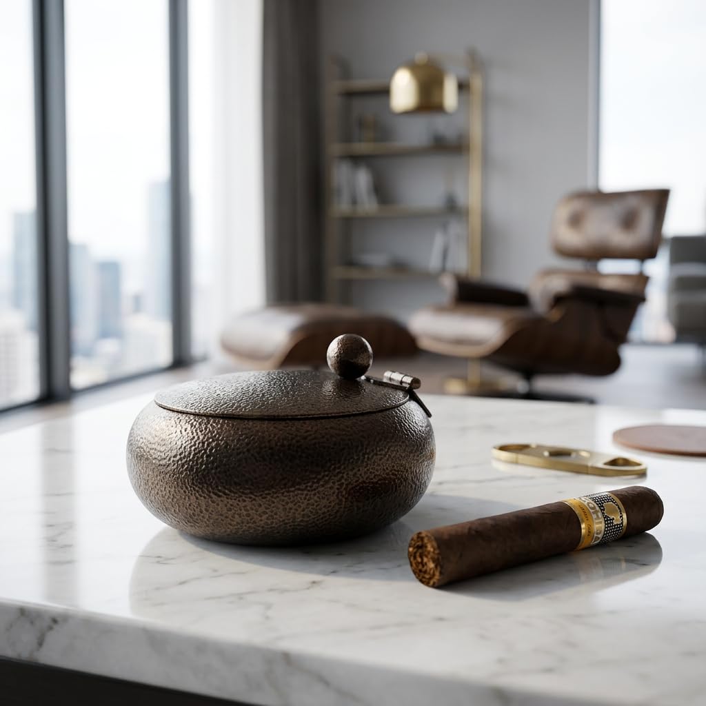 SBBH HOME Hammered Texture Metal Ashtray with Lid, Windproof Cigarette & Cigar Ash Tray, Heavy Tabletop Ashtray for Home, Office, Balcony-image-10