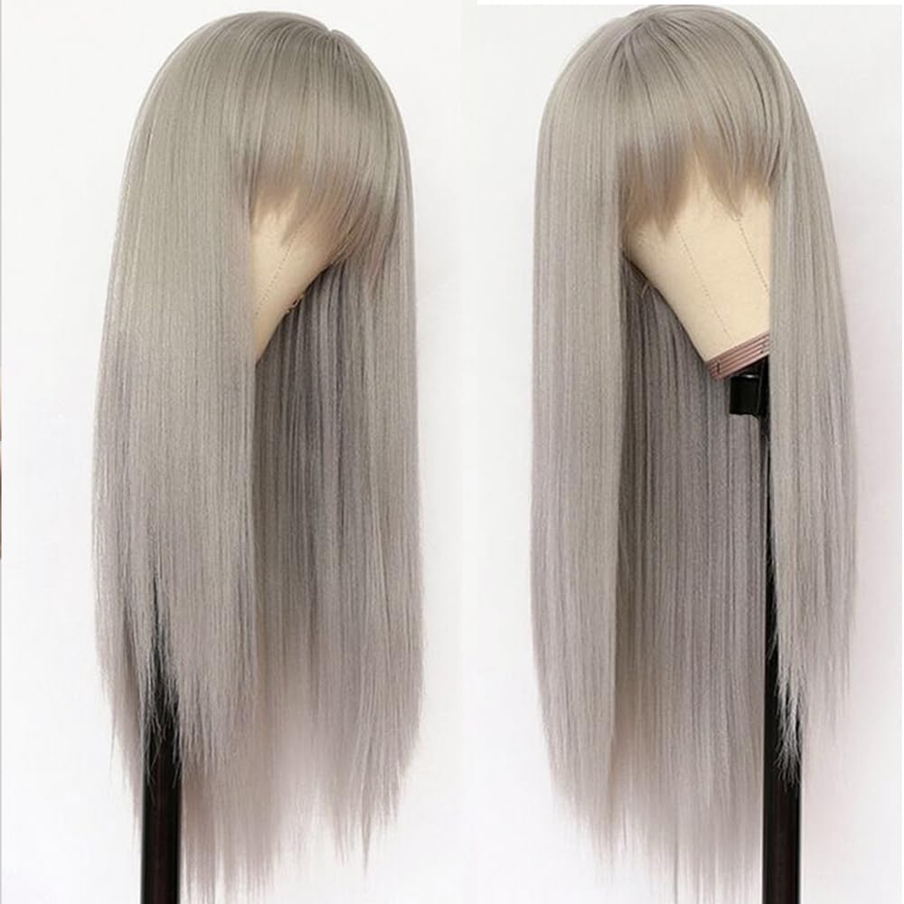 Missyvan Gray Stright Wig with Air Bangs for Women Replacement Wig Heat Resistant Colorful Natural Looking