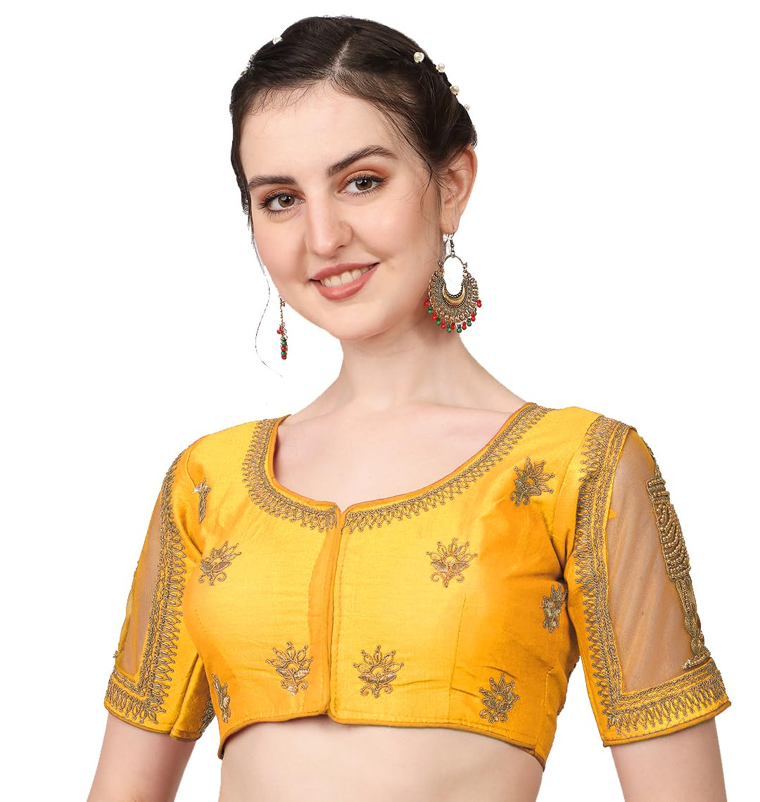 Pujia Mills Women's Multicolor Temple Embroidery Net Back Sequence Khatli Work Sleeves Design Phantom Silk Readymade Blouse For Saree And Lehenga Choli