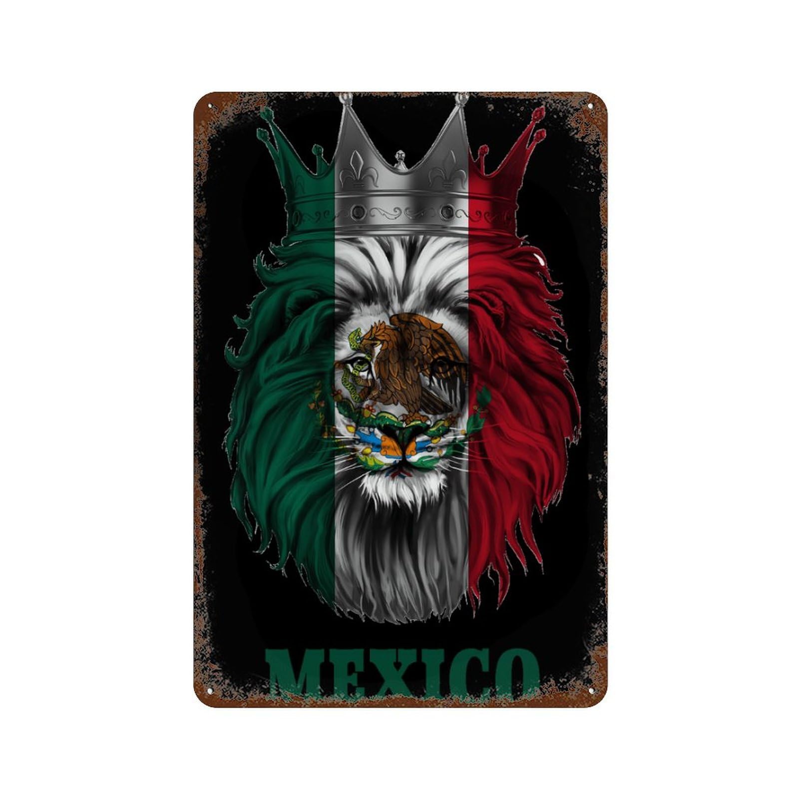KWQDOZF Lion Mexico Mexican Flag Theme Metal Tin Sign,Vintage Iron Hanging Plate Vertical with Rust Poster Wall Decor 8x12inch