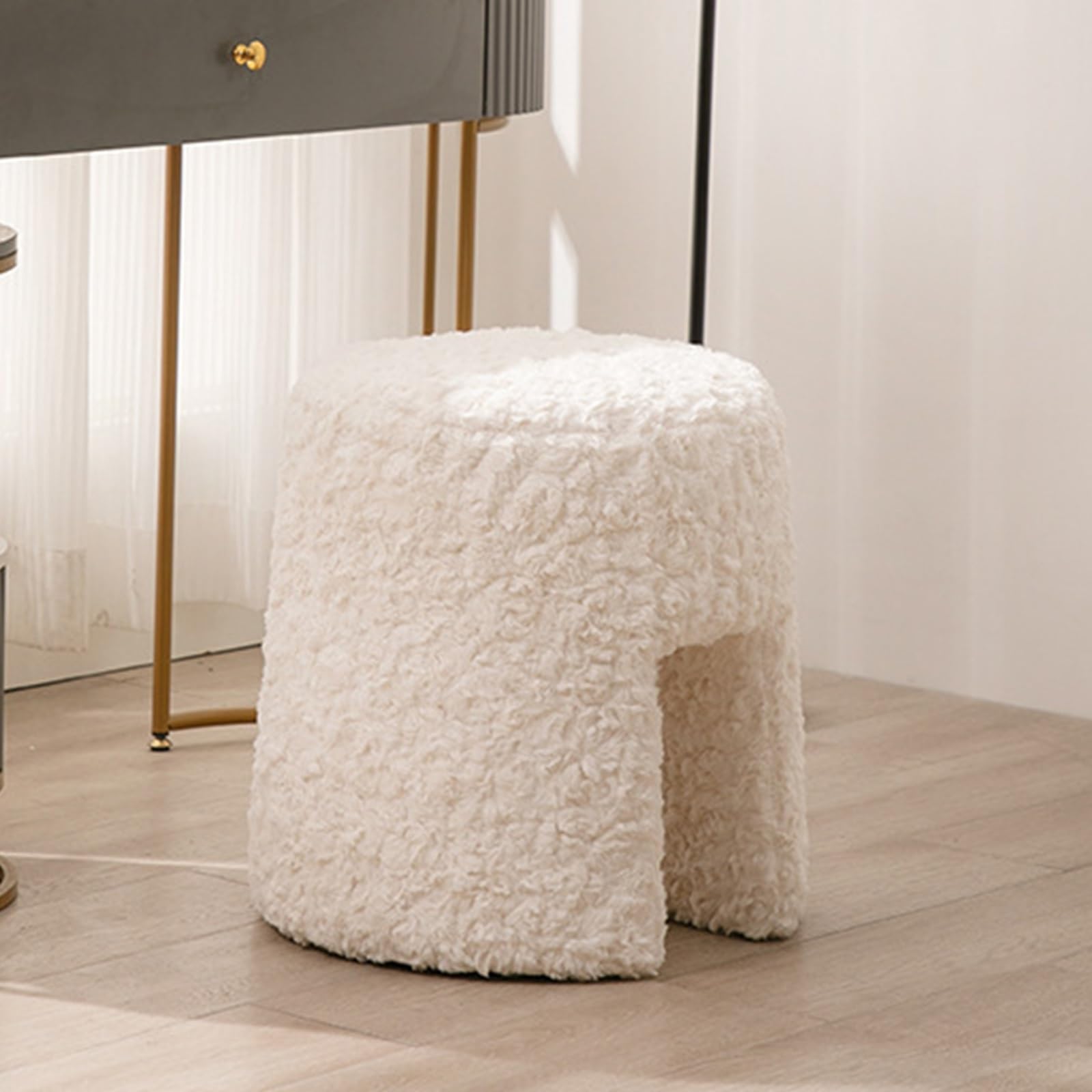 Sgabello In Finta Pelliccia Bianco - Pouf Per Trucco, Camera O Poggiapiedi - Foto 1