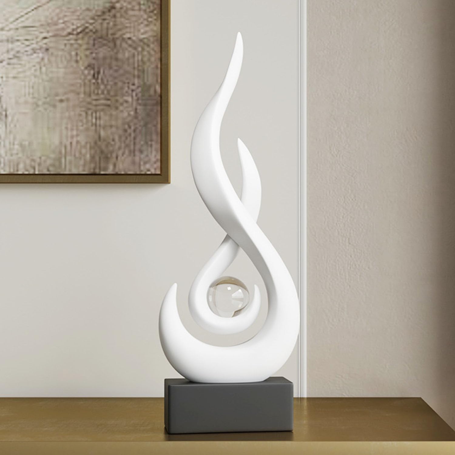 Modern Flame Sculpture Decor Flame Statue with Glass Ball Resin Abstract Art Figurines Centerpiece for Home Living Room Stand Coffee Table Office Decor (Medium White)