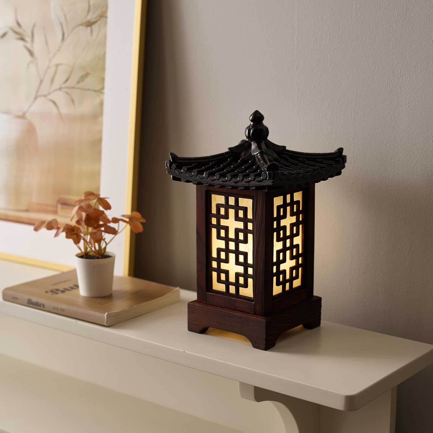 Carved Wood Table Lamp Handmade Traditional Korean Hanok Window Design Vintage Lamp Nightlight Art Home Deco Lantern Brown Asian Oriental Bedside Bedroom Accent Unusual Retro Light (Lattice Window)