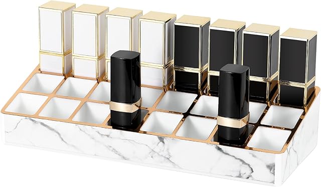 Lewondr Lipstick Organizer, 24-Slots Cosmetic Storage lipstick holder for vanity with Unique Gold-Stamping Edges, Marble Makeup Accessories Storage Box Stand for Lipstick, Lip Gloss, 9" x 3.7" x 2"