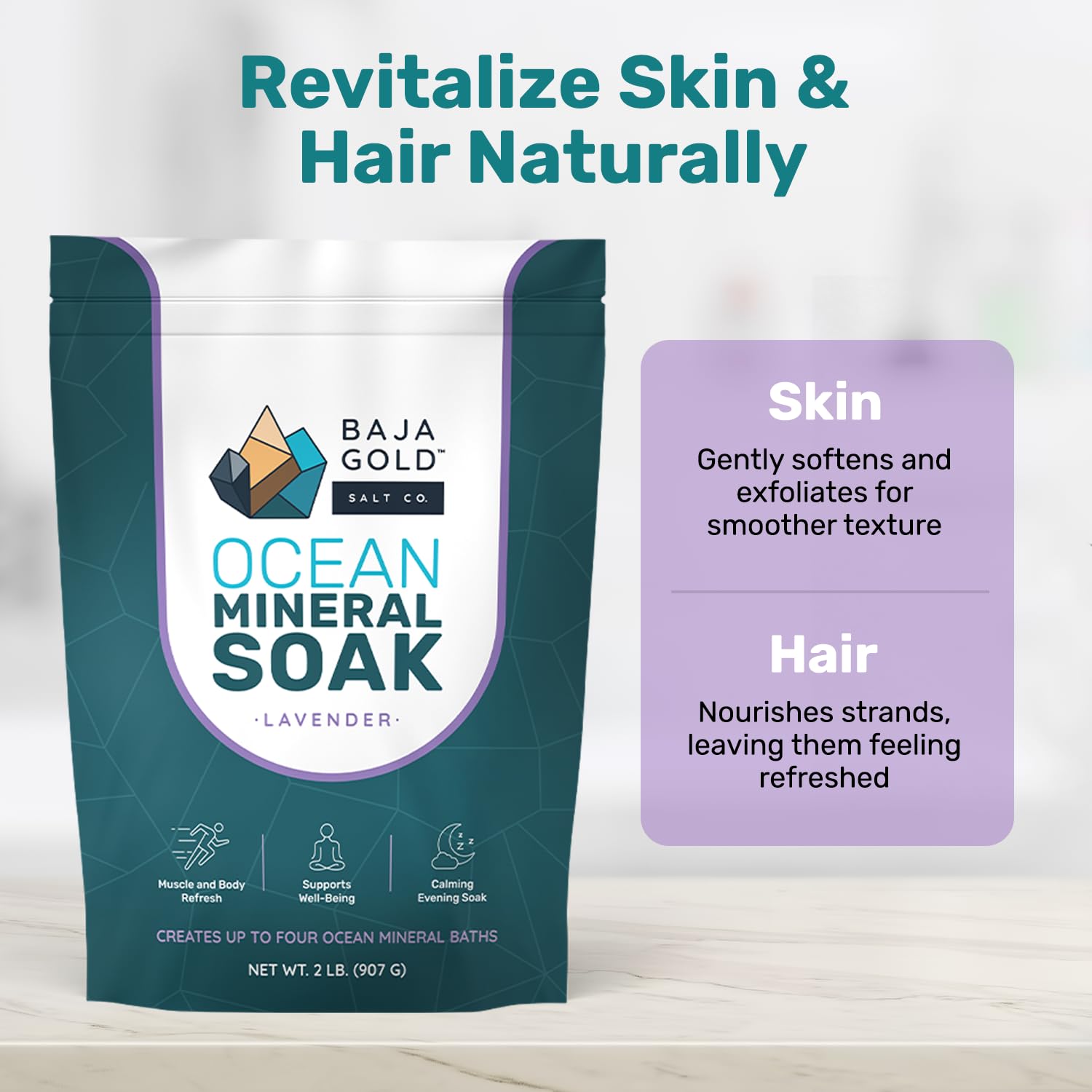 Baja Gold Ocean Mineral Soak, magnesio bagno ammollo, lavanda, sacco da 0,9 kg | Magnesio naturale e oligoelementi oceanici per bagno e relax, vegano, ingredienti puliti, opzioni multiple di profumo