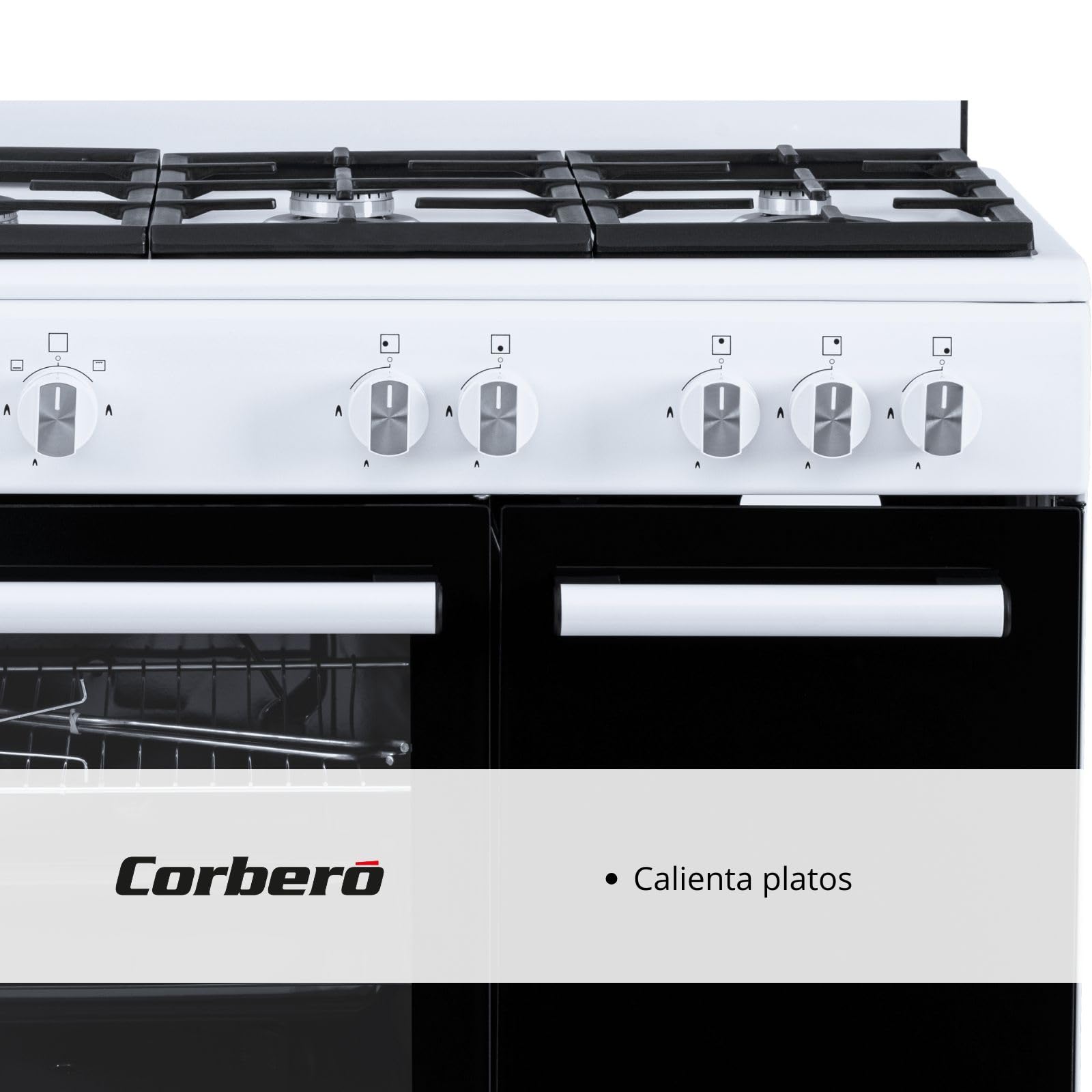 Corberó - Cocina de Gas Butano 5 fuegos | CCSF5GB922W |80x90x60| Horno 60L | Wok a la Izquierda | Encendido Manual | Cajón Calientaplatos | Bandeja y Parrilla Extra Gruesa | Con tapa | Blanco