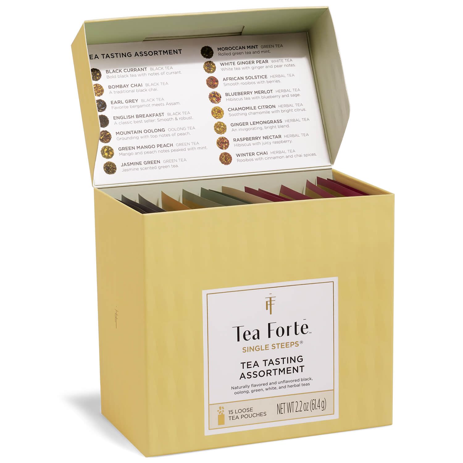 Tea Forte Single Steeps Tea Sampler, 15 Loose Leaf Pouches | Classic Tea Assortment, 1 of Each Blend, Pre-Portioned Loose Leaf Tea, Giftable Box for Tea Lovers