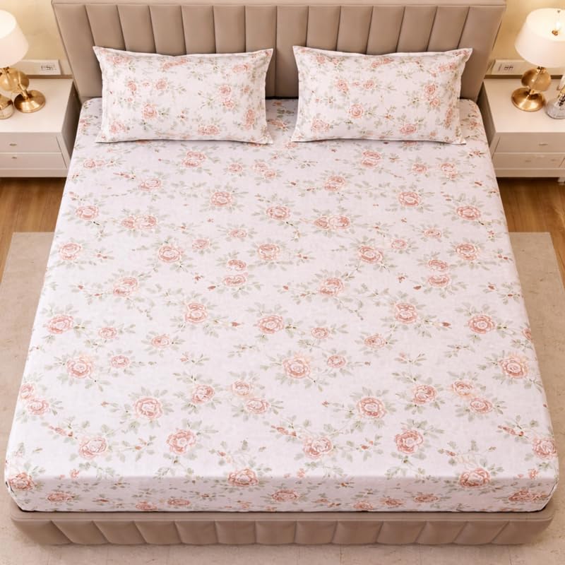 Image of THEA Elastic Fitted Double Bedsheet Set| 100% Cotton Like Soft Fabric | Microfiber Double Bedsheet for Double Bed (72 X 78 x 6 inches) with 2 Pillow covers,English Blossom