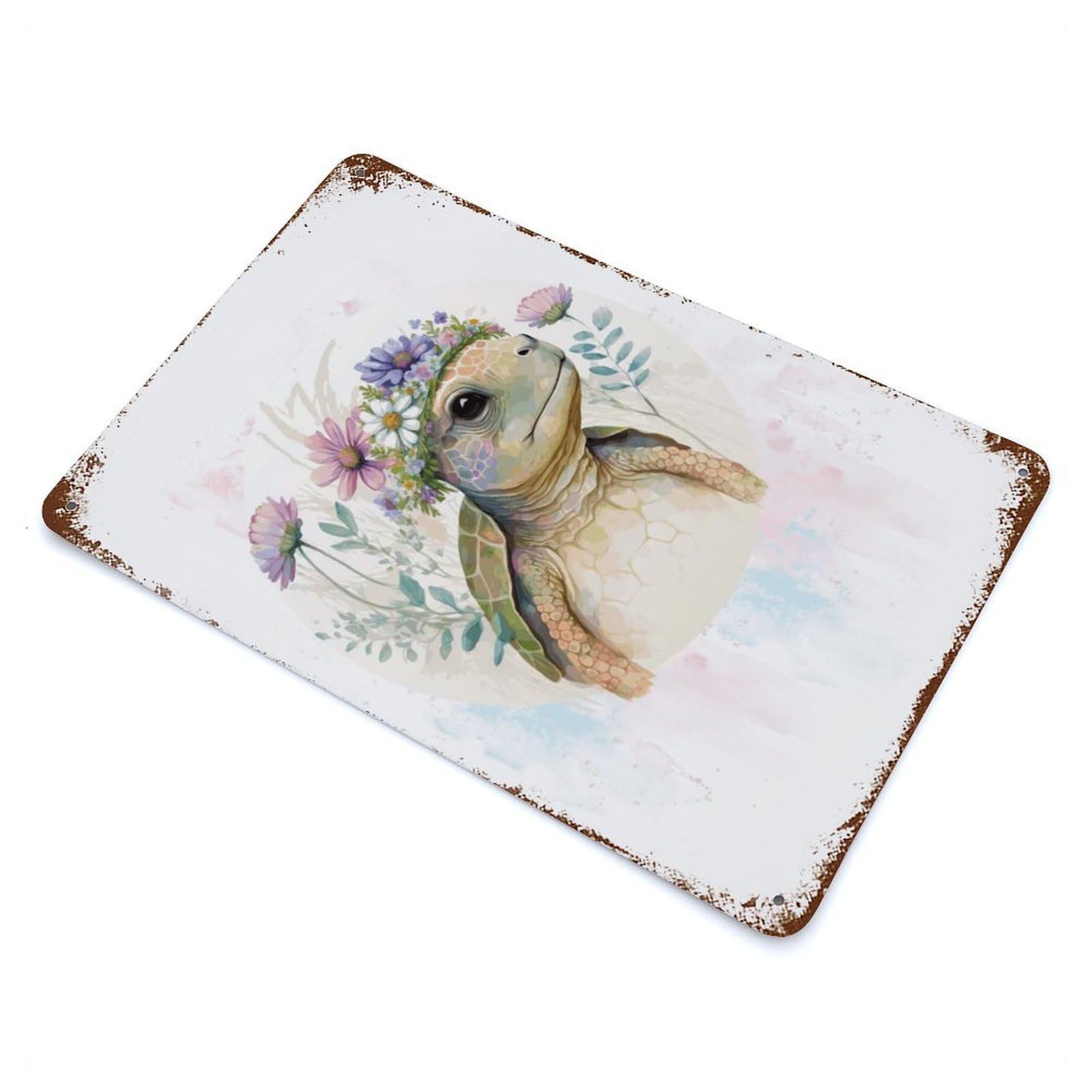 Cute Watercolor Turtle 11.8"x7.9" Aged Metal Wall Plaque, Retro Wall Decor for Farmhouse, Kitchen And Entryway Decor