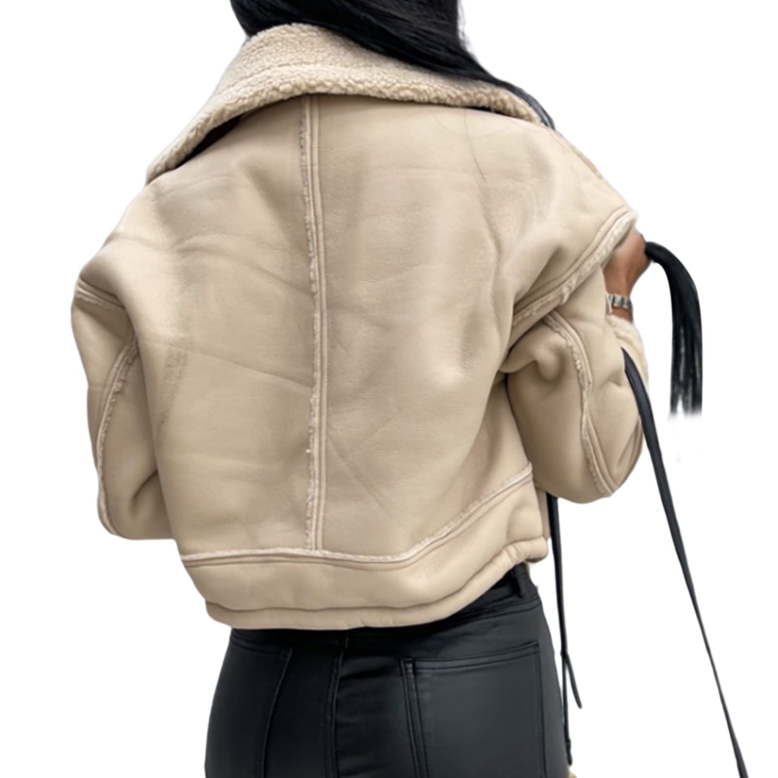 Damen Lederjacke Kurz Gefüttert Winterjacke Warm Winter Fleece Motorrad Jacke Vintage Innenfutter Mantel mit Reißverschluss Fellkragen Wintermantel