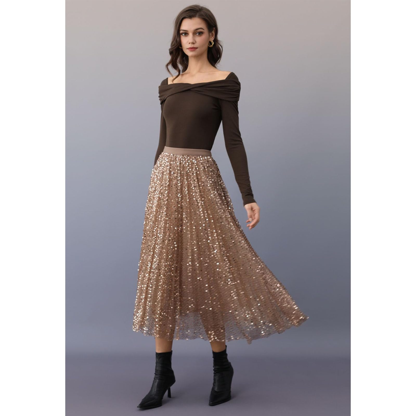 CHICWISH Falda tutú de tul con estampado de lentejuelas doradas y brillantes para mujer, falda acampanada de malla elástica de doble capa