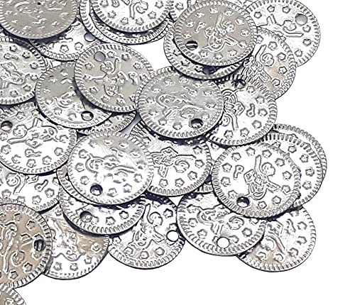 Perlin Metal Coin Beads Charm, Pack of 100, 15 mm, Ottoman Tugra, for Jewelry Making Hair Accessories, Belly Dance Costumes (Silver)