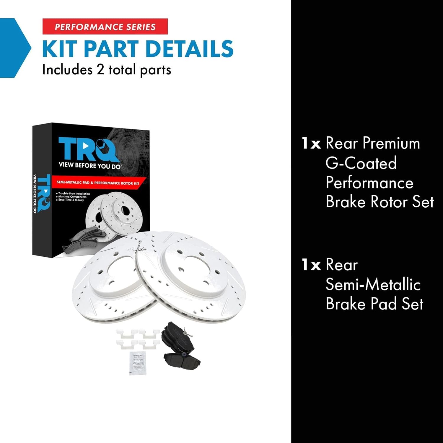 TRQ Rear Brake Pad and Rotor Set Semi Metallic Vented G Coated Rotors Compatible with 2005-2014 Ford Mustang