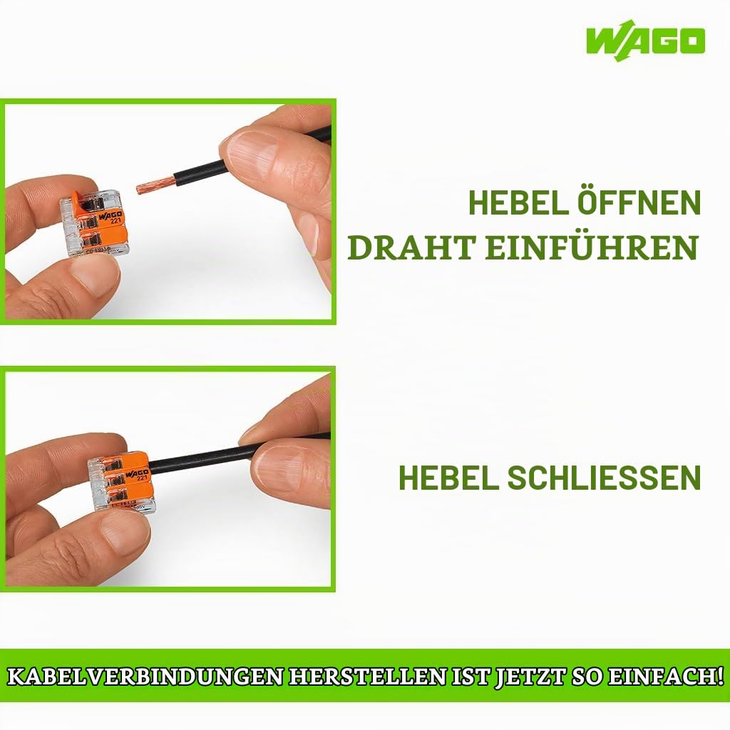 Wago Klemmen der Serie 221-413 Hebelklemmen Dosenklemmen Verbindungsklemmen Klemme Steckklemmen | Transparente Steckklemmen fuer flexible Kupferdraehte, 40 Prozent kleiner als Serie 222, mit orangenem Betaetigungshebel