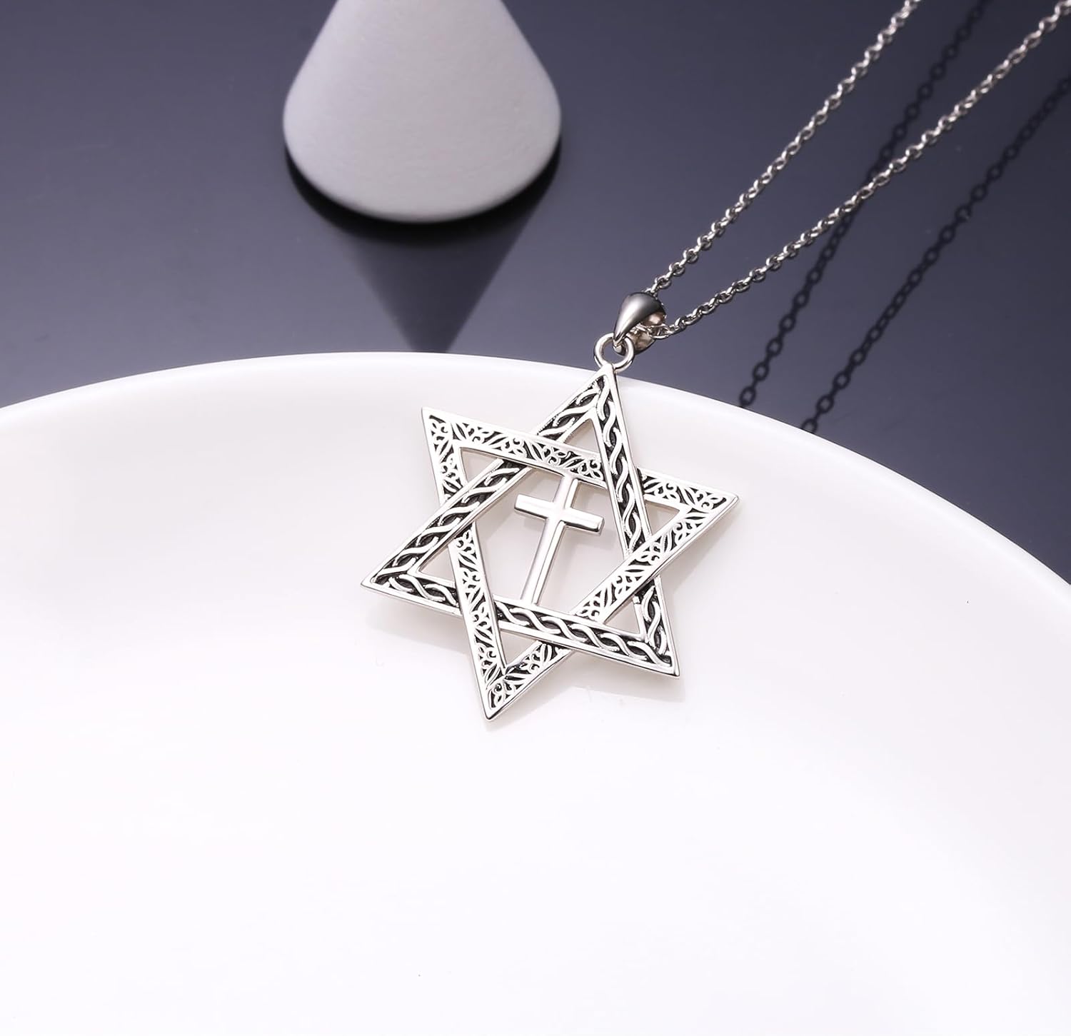 FLYOW S925 Sterling Silver Star of David Necklace Black Oxidized Necklace Religous Christian Goth Jewish Hexagram Jewelry Birthday Gift for Women Men - Image 4