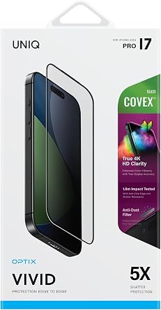 UNIQ OPTIX COVEXTM Screen Protector for iPhone 17 Pro Vivid Clear 4K Optical Clarity Tempered Glass Protector + DustRepelTM anti-static installation