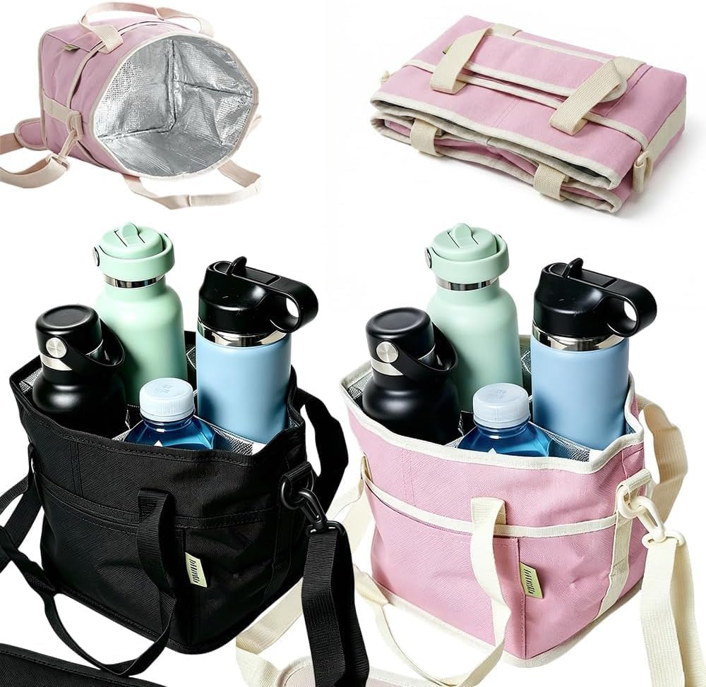 2026 Upgrade Family Size 4 Compartment Drink Bag, Reusable No-Spill Car Drink Carrier Bag Multiple Tumbler Carrier Caddy, Nylon Organizer Caddy with Front Pocket for Travel Picnic Car (Black+Pink)