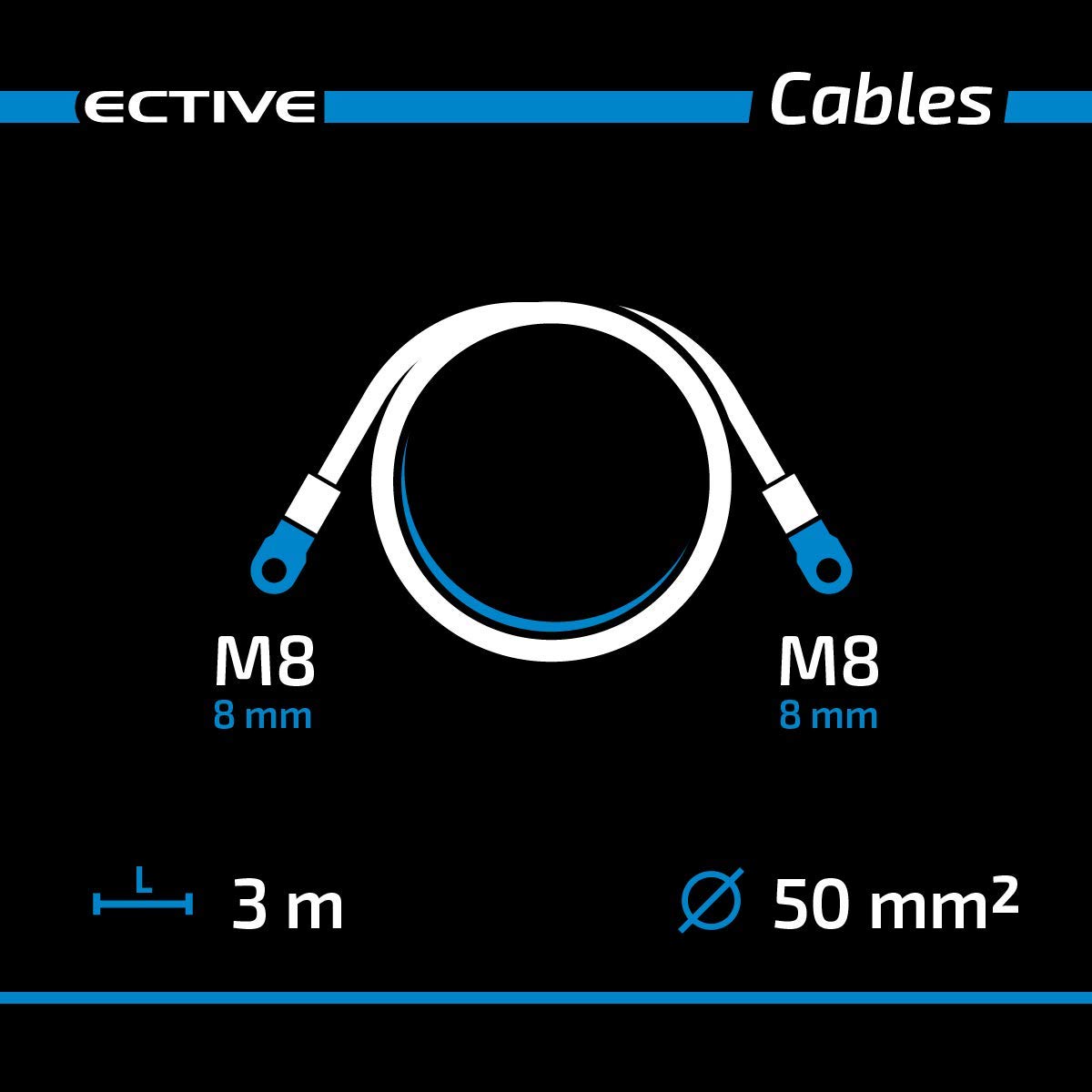 ECTIVE Batteriekabel - M8/M8, 3m, rot/schwarz, Kupfer, 50 mm² - Massekabel, Batterieladekabel, Stromkabel mit Ringösen für 12V Motorrad Batterie, Versorgungsbatterie, Traktionsbatterie