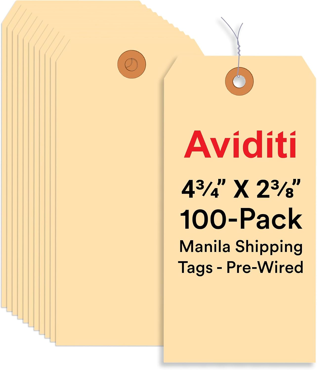 AVIDITI Pre-Wired 6 ¼” x 3 ⅛” Manila Shipping Tags (100-Pack) | Paper Hang Tags Made from Durable 13pt. Cardstock with a Reinforced Eyelet