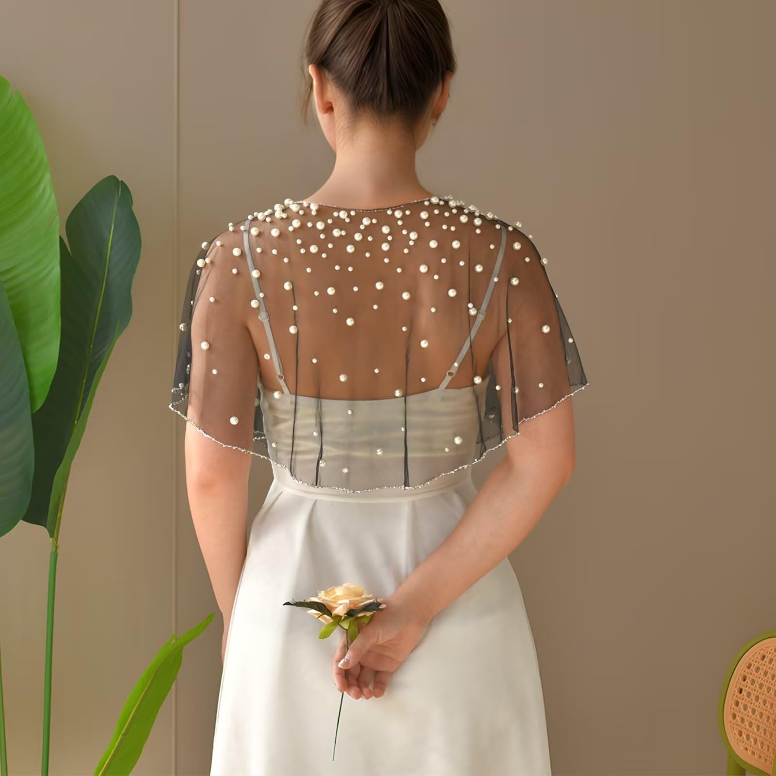 Châle de soirée doux pour femme, cape en tulle doux ornée de perles et de strass, écharpe de mariée en tulle doux, châle de soirée, étole de mariage, noir