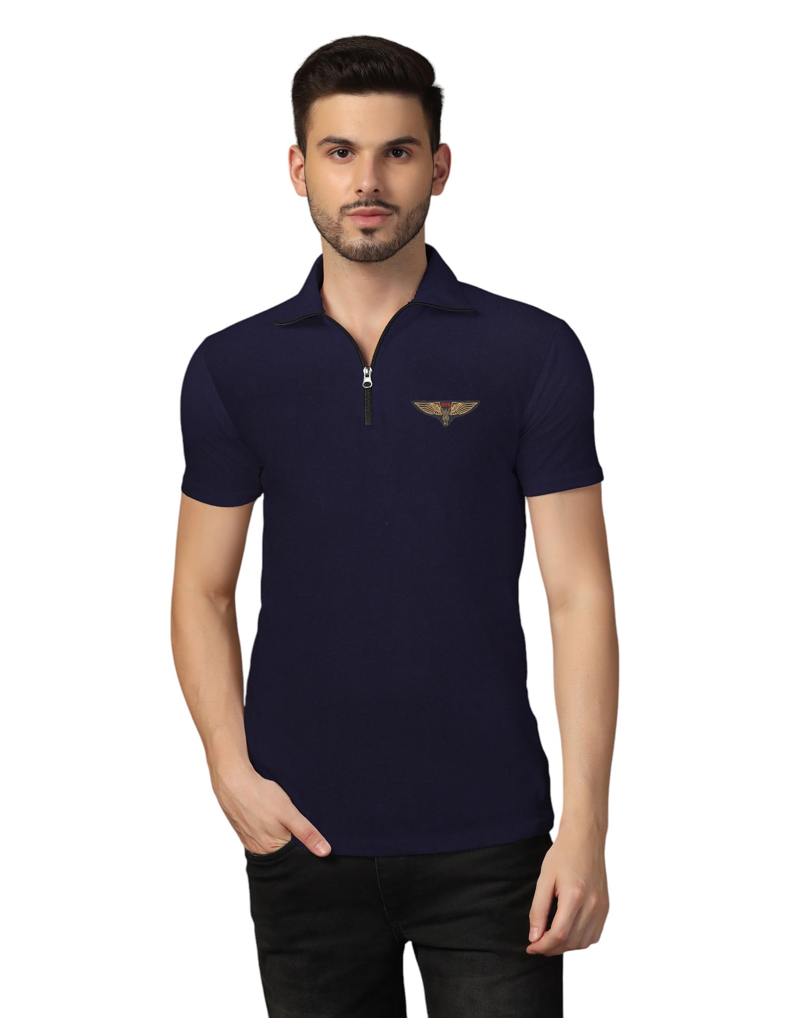 Men's Half-Zip Short Sleeve T-Shirt | Stylish Stand Collar Casual Tee with Printed Chest Logo-picture-54