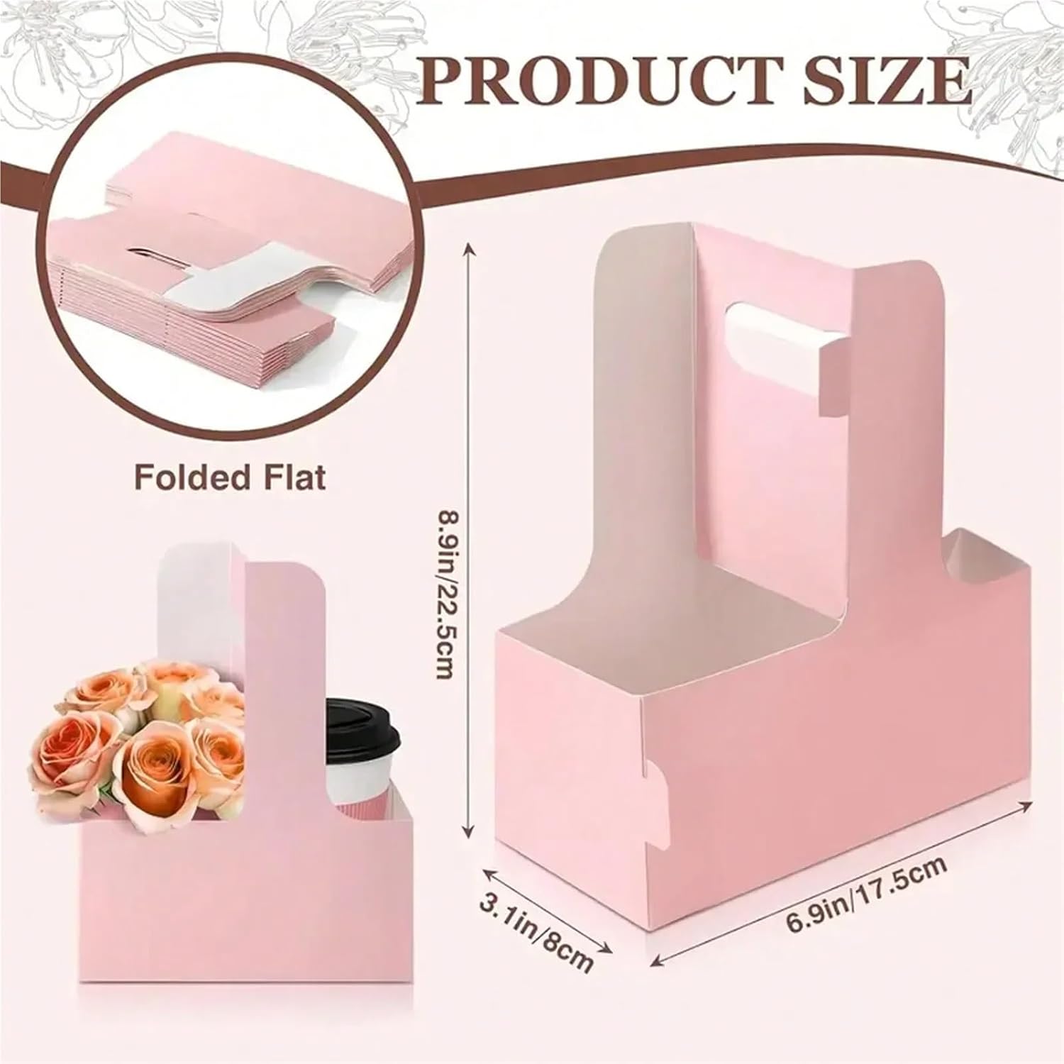 Flower Bouquet Holder 7pcs Kraft Paper Flower Bouquet Bags with Handle, Drink Gift Box(Pink)