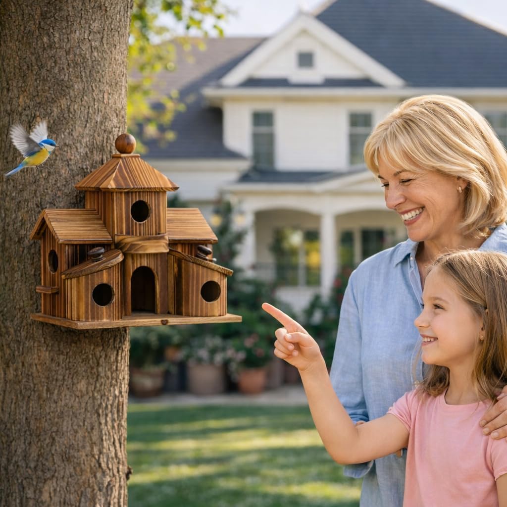 Bird House for Outside, Wooden 6 Hole Bird House Room for Multiple Birds, Decorative Hanging Birdhouse Nesting Box for Garden, Bird Hotel for Wren Chickadee Sparrow