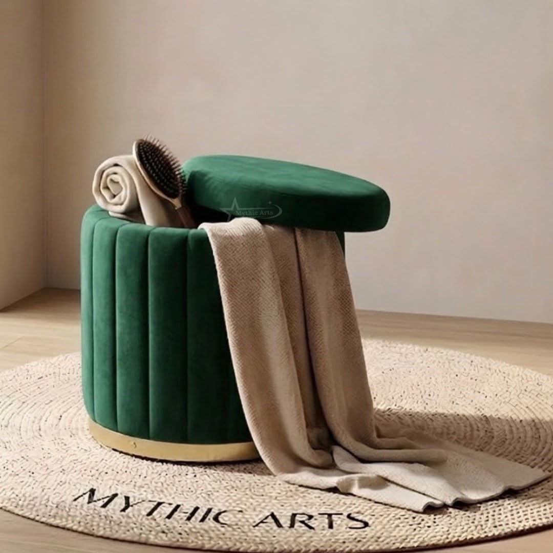 Superior Round Storage Ottoman Stool 16 X 16X 19 inch, with Gold Metal Base | Elegant Pouffe with Secret Storage | Cushioned Footrest for Living Room, Bedroom, and Lounge Dark Green-image-19