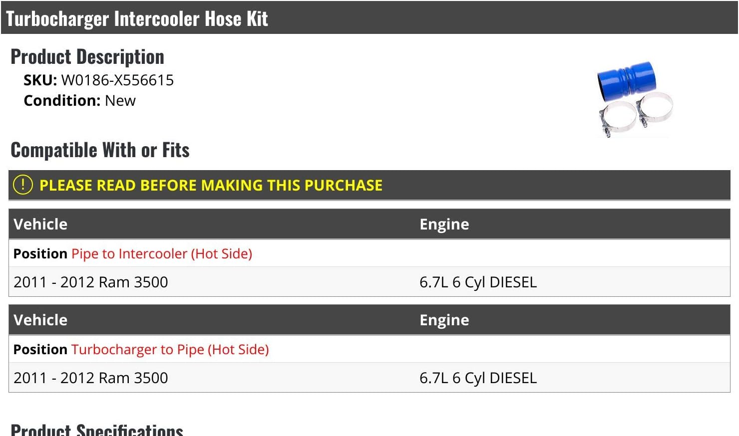 Turbocharger Intercooler Hose Kit - with Clamps - Compatible with 2011-2012 Ram 3500 6.7L 6-Cylinder Diesel