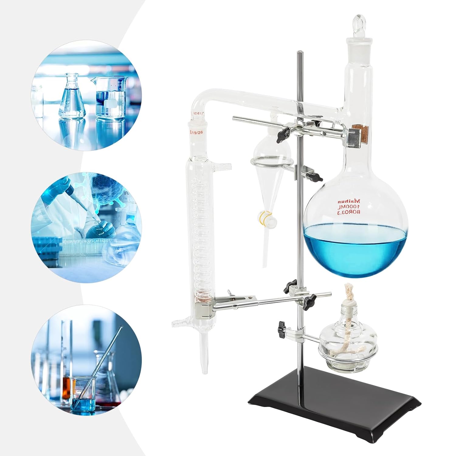 Essential Oil Distillation Apparatus,1000ml Lab Glassware Kits Water Distiller Purifier with Condenser Pipe Water Pump for Home, Laboratory