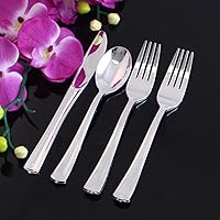 Vista 4 de Bluesky Trading Dynasty Collection, tenedores de plástico plateados (paquete de 20) – Diseño lujoso, perfecto para bodas, cumpleaños, eventos