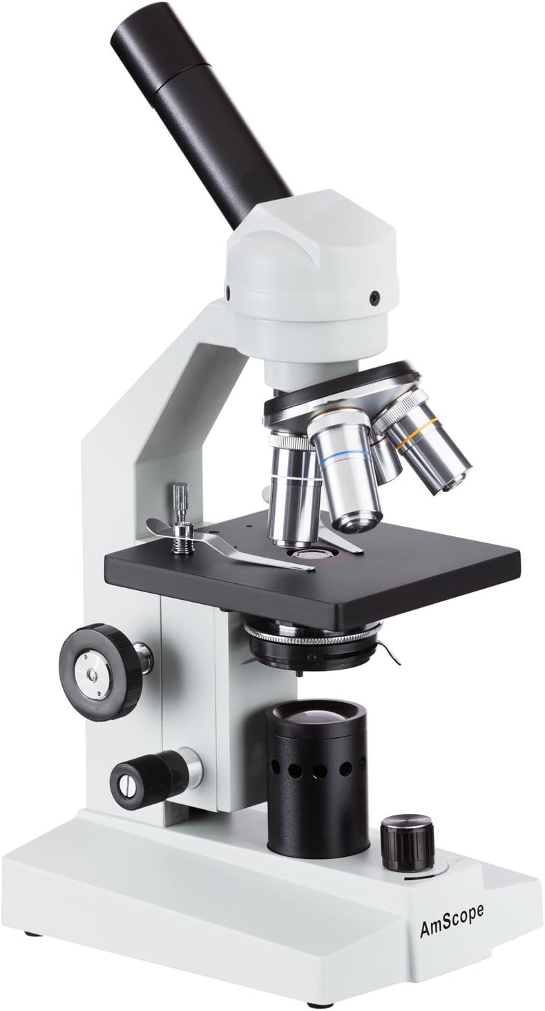 AmScope M500C-LED Cordless Monocular Compound Microscope, WF10x and WF25x Eyepieces, 40x-2500x Magnification, LED Illumination, Brightfield, Abbe Condenser, Coarse and Fine Focus, Plain Stage