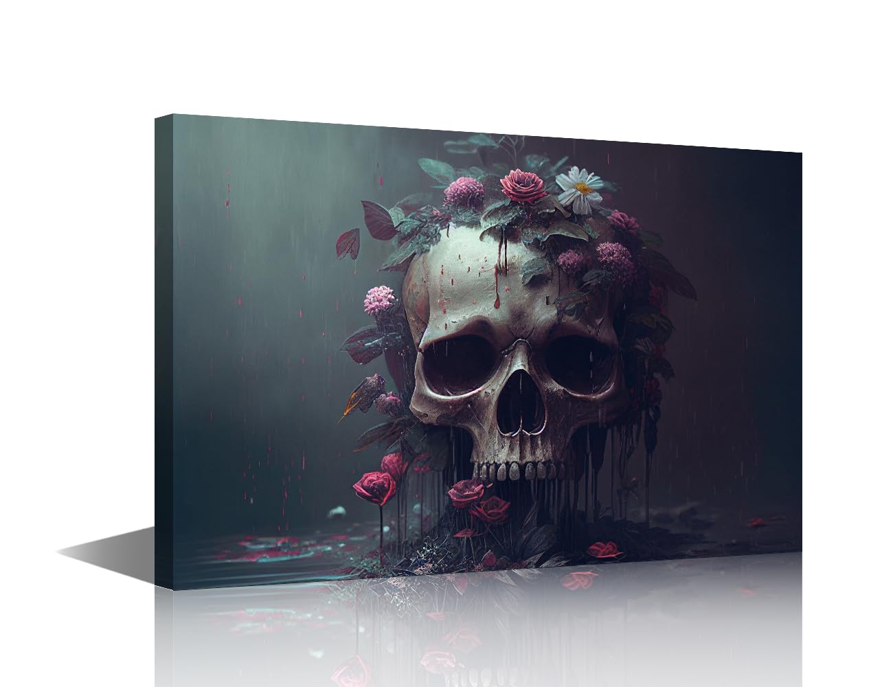 Wall Art for Bedroom Skull on the Ground Canvas Art Wall Decor Human's Skulls Modern Artwork Paintings Beautiful Flowers with Skull Walls Decor Posters and Prints Framed Ready to Hang(18"Wx12"H)