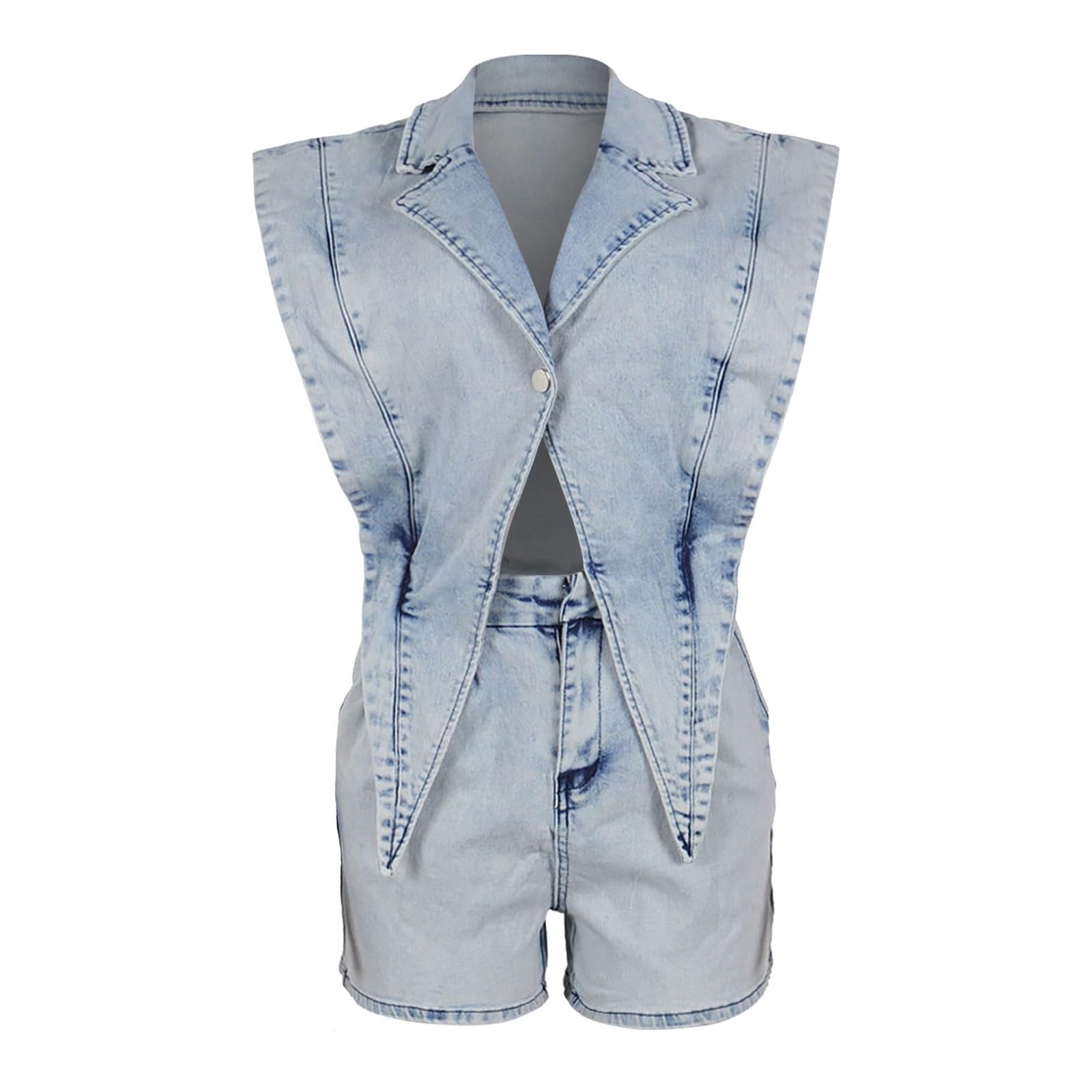 Combinaison décontractée en Jean délavé avec Pantalon Court Veste Femme Chic Et Elegant Pantalon DéContracté Tenue Tennis Travel Outfit