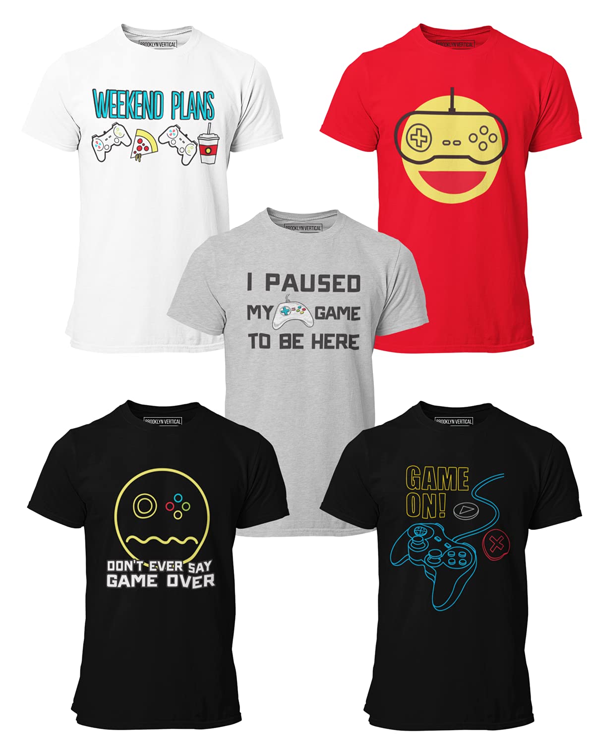 BROOKLYN VERTICAL 5-Pack Boys Video Gamer Gaming Short Sleeve Crew Neck T-Shirt with Chest Print | Soft Cotton Sizes 6-20