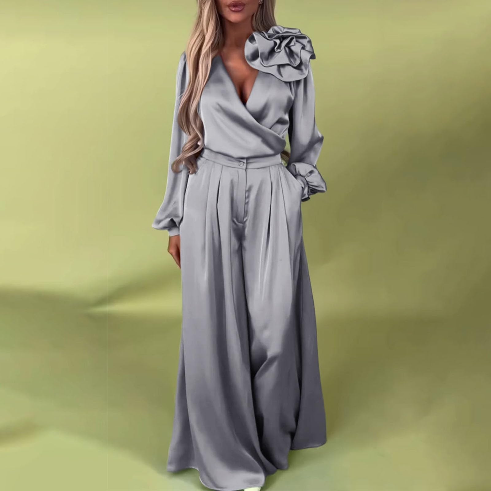 Zweiteiler Damen Elegant Festlich Eleganter Formeller Satin Mit V-Ausschnitt Für Partyoutfits Musselin Outfit Set Kostüm Festliche Hosen Jumpsuit Sommer Club Kleidung Ab 60 Lässiger