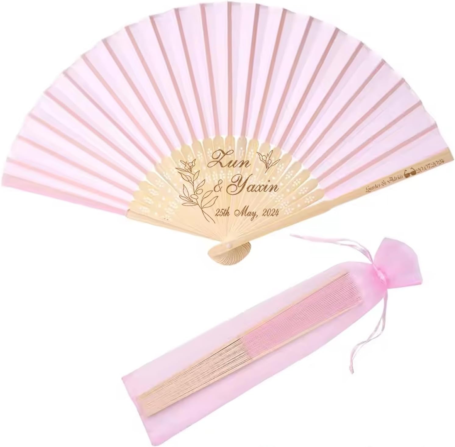AMBMCCM Personalized Wedding Fan, Custom Engraved Silk Handheld Folding Fans, Come With Organza Bag, Bridal Shower, Baby Christening(Red)