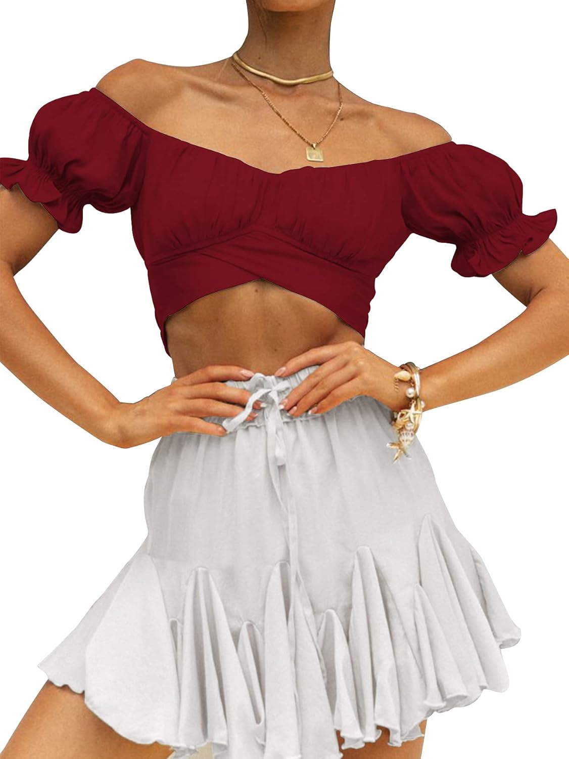 LYANER Women's Ruffle Short Sleeve Tie Up Back Crop Top Off Shoulder Bardot Blouse - Image 5