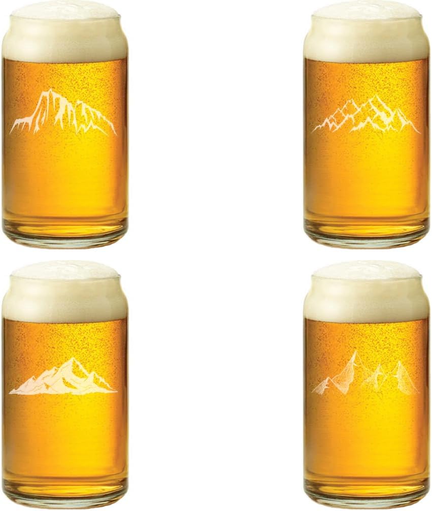 MIP 16 oz Beer Can Glass Gift Set of 4 Mountains Collection Outdoors Hiking Rock Climbing