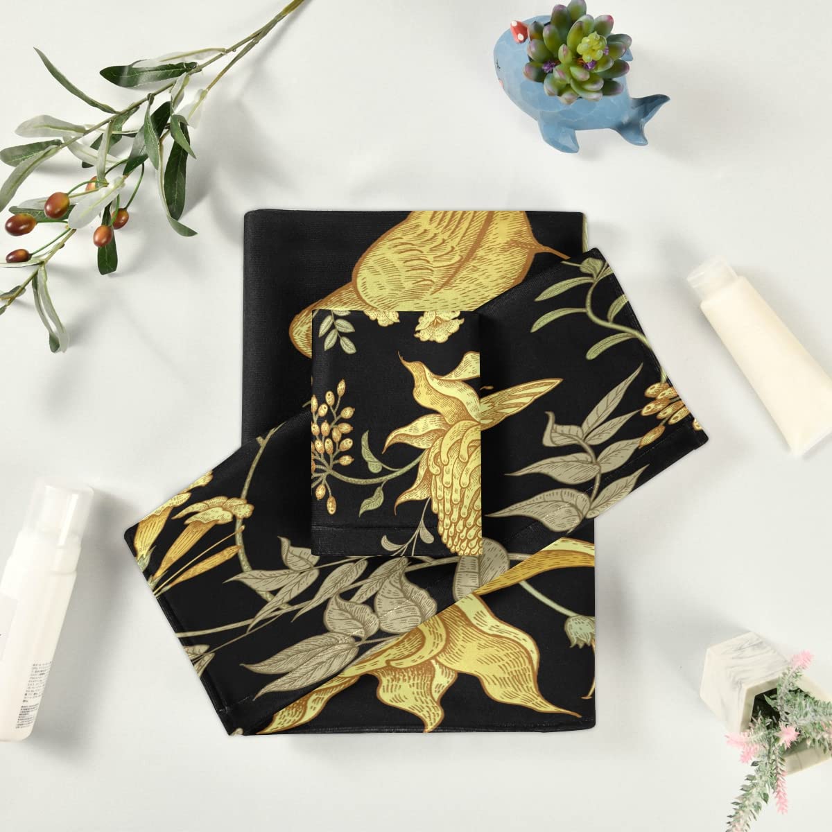 Vnurnrn Flor Amarilla Pájaro Dorado Juego de Toallas para Baño Playa Toalla (1 Toalla de Baño y 1 Toalla de Mano y 1 Paño de Lavado) para Nadar Niñas Niños
