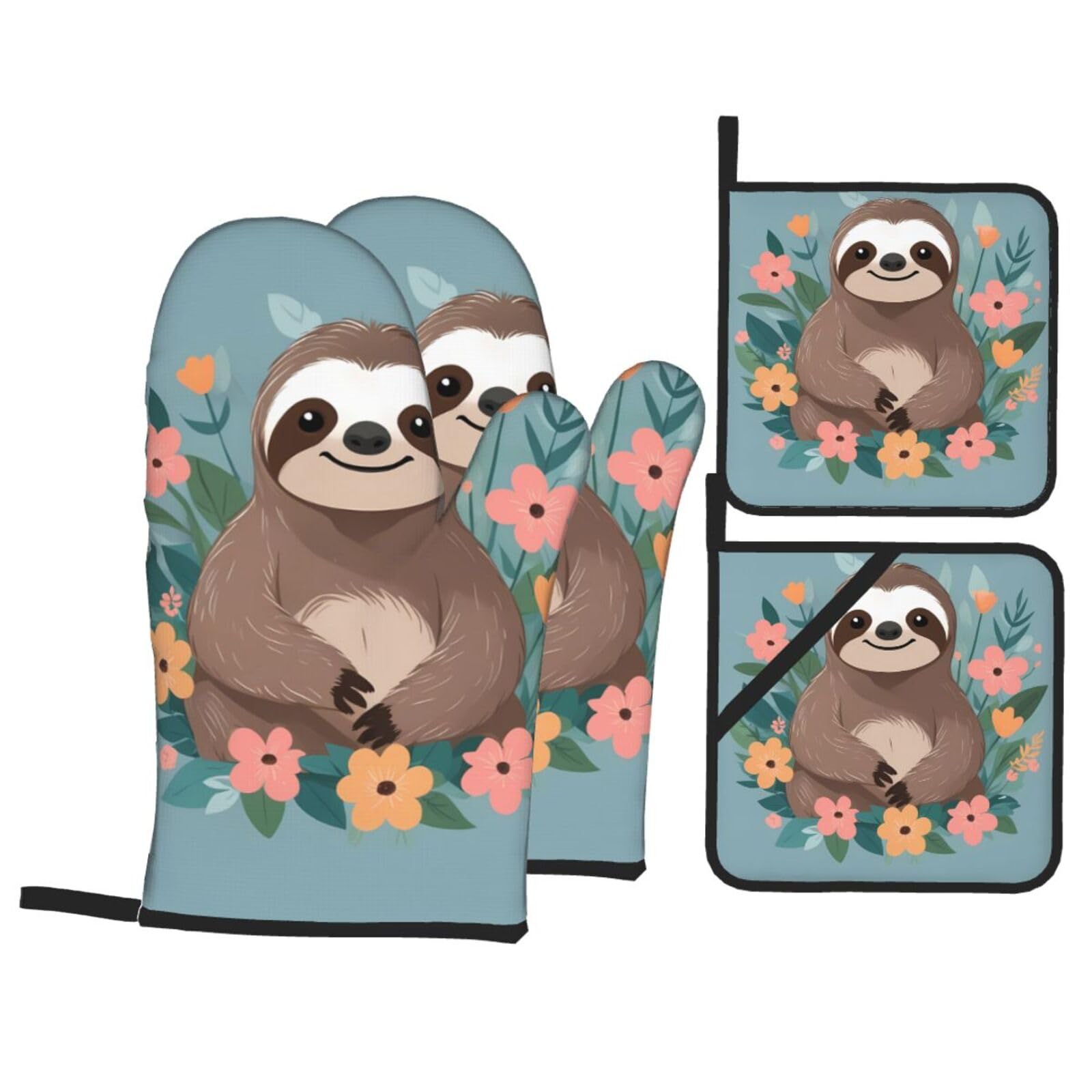 HJFCZH Sloth with Flowers Picture Kitchen Baking Set of 4 Thick Insulated Oven Mitt & Pot Holders, Anti-Scalding for Microwave, Oven, Outdoor BBQ