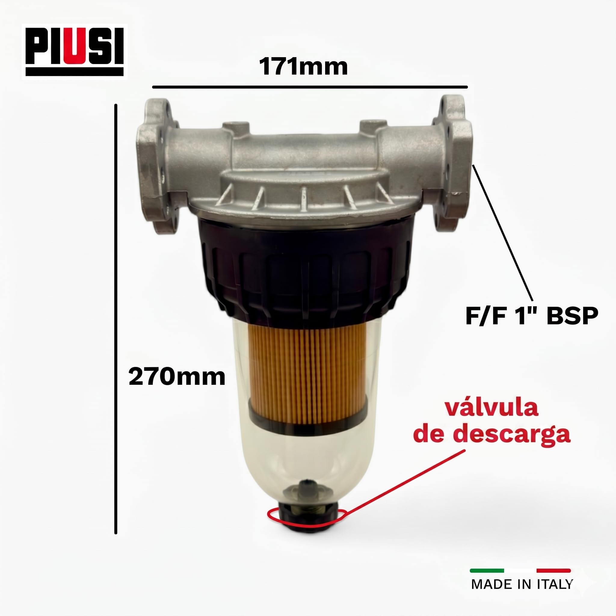 PIUSI Filtro para Diésel, Gasolina y Aceite con Cartucho Reemplazable, Kit Completo Soporte de Cabeza + 2x Cartuchos, Caudal 100 l/min, Presión 5 bar, Filtración de 5 Micrones | Clear Captor F00611B00 | Producto técnico para trasvase controlado de aceite