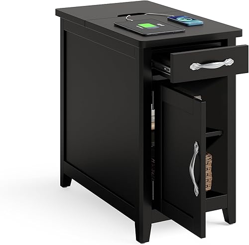 LINSY HOME Mesa auxiliar con estación de carga, mesa auxiliar para dormitorio con cajón y soporte desmontable, estante de almacenamiento con puerta