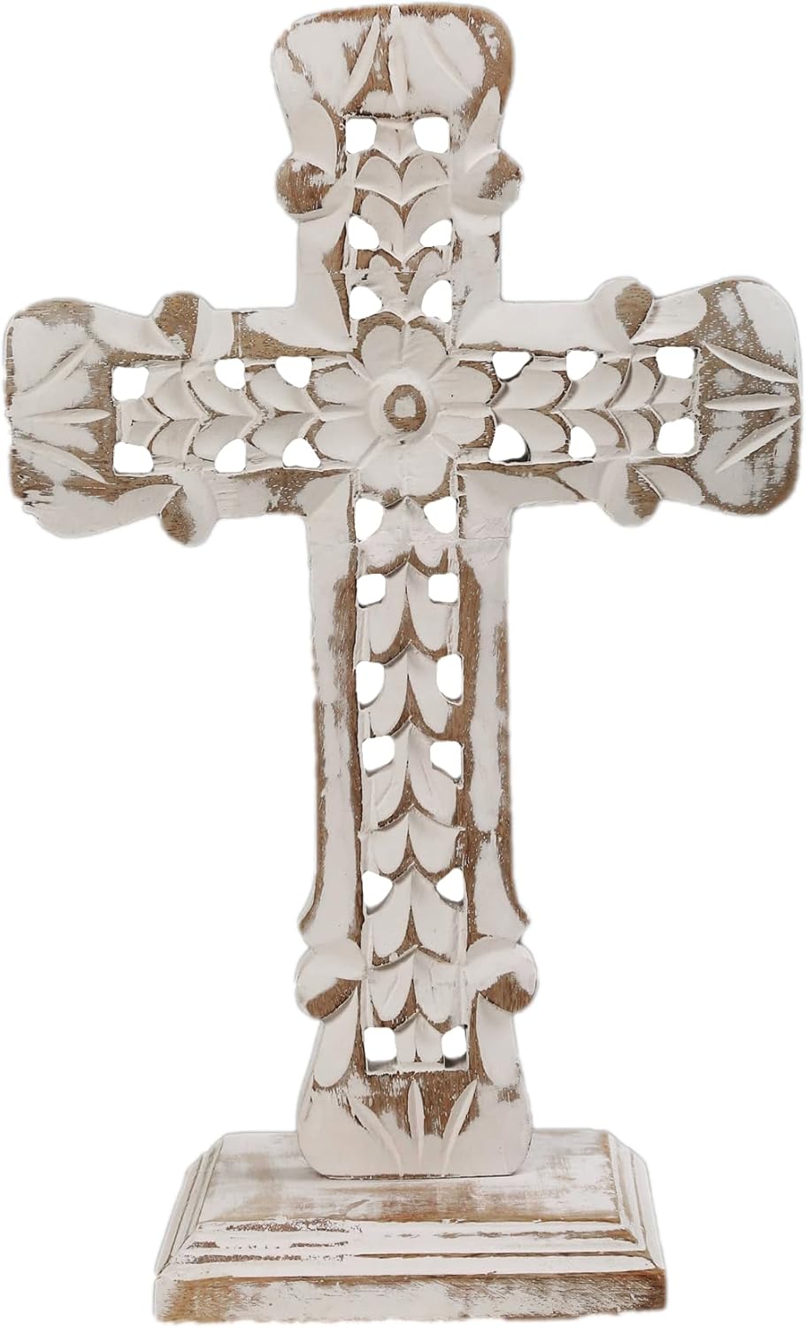 EDZZEL Hand-Carved Wooden Cross Tabletop Decor – Distressed White Finish, Floral Openwork Carving, Rectangular Base
