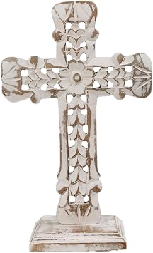EDZZEL Hand-Carved Wooden Cross Tabletop Decor Distressed White Finish, Floral Openwork Carving, Rectangular Base