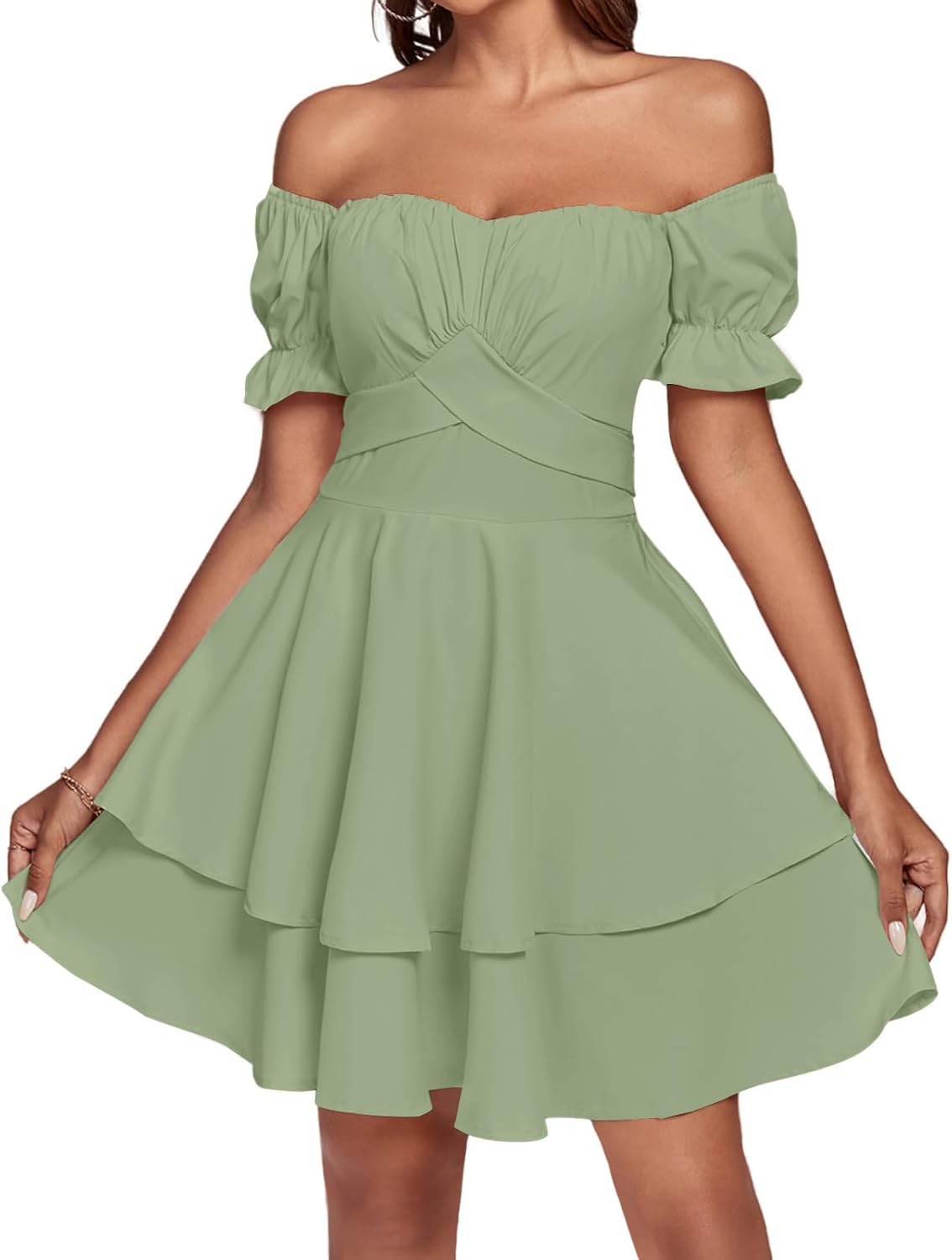 LYANER Women's Tie Back Off Shoulder Wrap Layer Ruffle Short Sleeve Mini Dress - Image 6