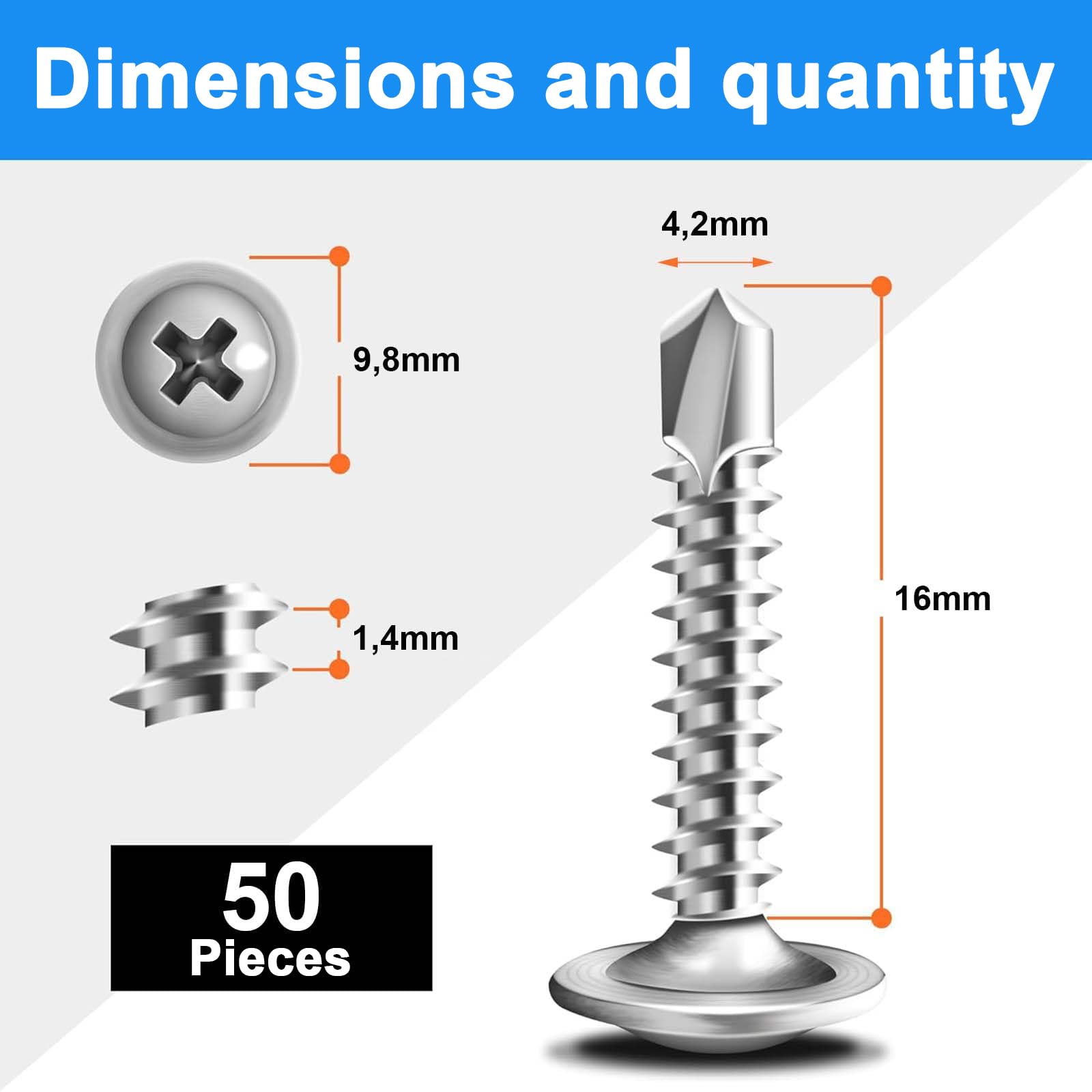Wavanta 50Pcs Self Tapping Screws for Metal M4.2 x 16mm Truss Head Self Drilling Screws - Image 2
