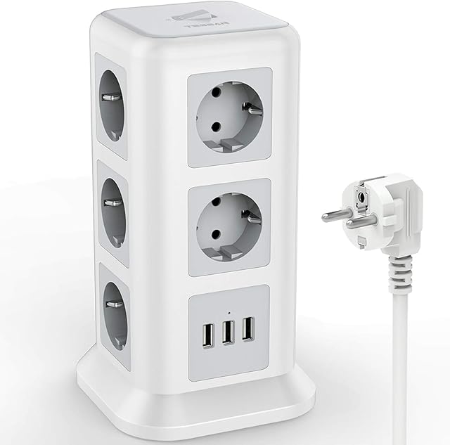 TESSAN Listwa Zasilająca 11 Gniazd (2500W/10A) 3 Portów USB z Wyłącznikiem, Listwy Zasilające Wieloma Wtyczkami z Ochrona Przed Przeciążeniem, Gniazdo Dystrybucyjne Rozdzielacz Mocy do Biura, 2M Biały